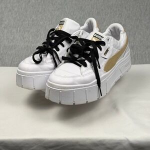 Puma Mayze Classic White Tan Suede Platform Sneakers 384363-03 Womens 11